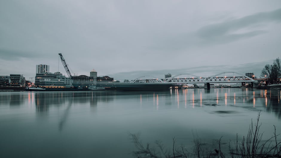 A wide view of the Kingston Bridge over the river, with a construction crane and modern office buildings visible on the left bank, and a steel bridge with illuminated lights spanning across the water in the background. The river appears calm with smooth reflections of the structures, and the sky is overcast, creating a subdued and neutral atmosphere. In the foreground, dry plant stems and patches of water along the riverbank are visible. The scene depicts an urban riverside environment that might be associated with areas where independent waste clearance or on-site rubbish removal services are occasionally involved, contributing to maintaining the riverside's tidy appearance. The overall composition highlights the urban infrastructure and natural water setting, relevant to external rubbish collection and disposal efforts in the Kingston area, as handled by waste management specialists such as Rubbish Clearance Kingston.