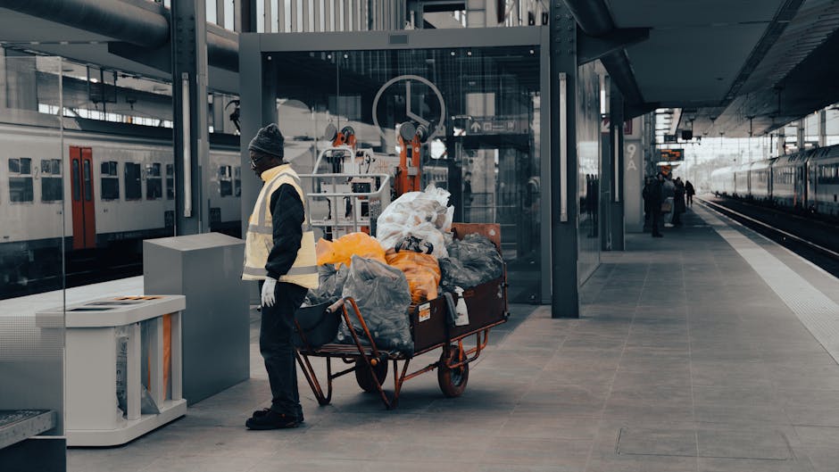 A man dressed in a black jacket, black trousers, and a dark beanie, wearing white gloves and a high-visibility yellow safety vest, stands on a modern train station platform beside a large, red metal trolley loaded with various black, gray, and orange plastic garbage bags and miscellaneous waste items. The trolley is positioned close to a glass-walled elevator or lift shaft, which has some mechanical equipment visible behind the glass. In the background, a train with closed doors is parked on the left side, and a few other passengers are visible farther down the platform on the right side, some approaching or walking away from the station structures. The station features a sleek, contemporary design with metallic supports and overhanging roofs, and the floor is covered with large, gray tiles. The natural lighting indicates daytime, with overcast skies providing diffuse illumination. This scene represents a private or independent waste collection process occurring in a public transport environment, with Rubbish Clearance Kingston providing rubbish removal services, emphasizing the importance of proper waste handling at transportation hubs.