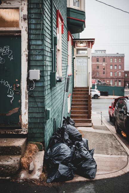 A view of the exterior corner of a green wooden building with textured, weathered siding. Several large black rubbish bags, filled and tightly knotted, are piled at the base of a small flight of wooden stairs leading up to a white door with a red trim and canopy. The bags rest on a concrete sidewalk, partially covering the curb and a small patch of uneven ground with a piece of frayed brown material nearby. To the left, a window with a metallic security grate and graffiti can be seen, while in the background, a parking lot with cars and a multi-storey brick building are visible under an overcast sky. The scene depicts private rubbish disposal in an urban environment, suggesting a call for independent waste clearance services, such as those offered by Rubbish Clearance Kingston, to manage refuse collection outside of council services.